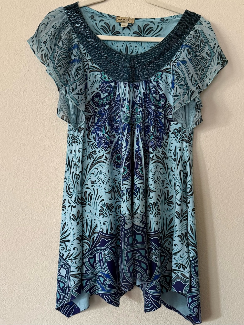One World Size M Blue Paisley Beaded Neck Handkerchief Hem Tunic Top Boho